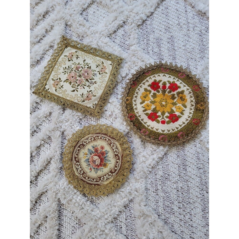 3 Vintage Belgium Brocade Tapestry Doilies 6.5" To 8.5"